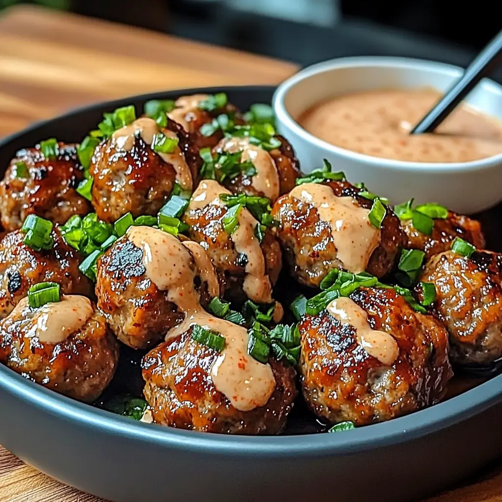 Korean BBQ meatballs glazed in sauce with a bowl of spicy mayo dip
Korean BBQ Meatballs with Spicy Mayo Dip