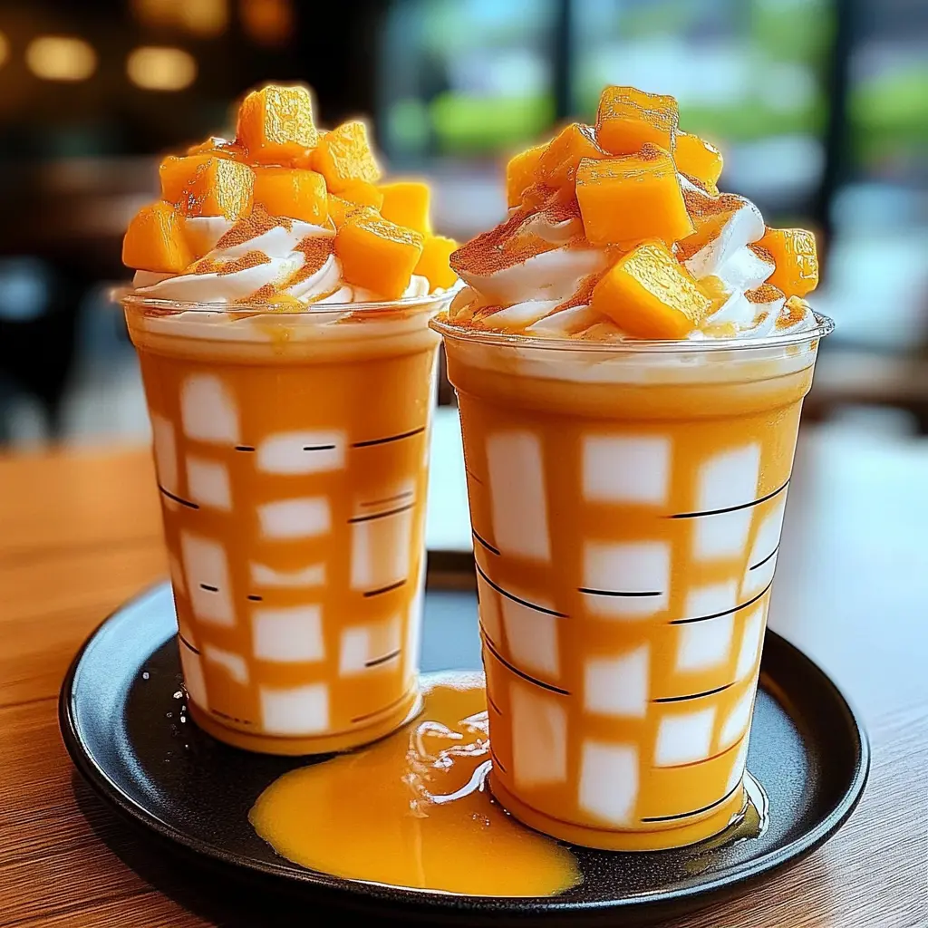 Mango and White Cream Frappuccino topped with whipped cream and mango slices