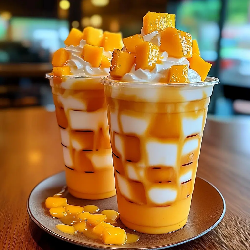 Mango and White Cream Frappuccino topped with whipped cream and mango slices