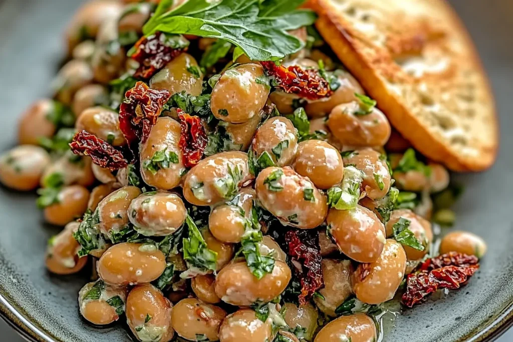 Bowl of marinated sun-dried tomato bean salad garnished with fresh herbs