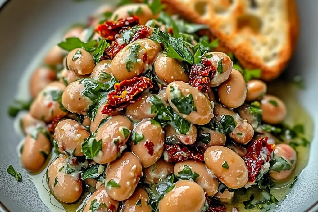 Bowl of marinated sun-dried tomato bean salad garnished with fresh herbs