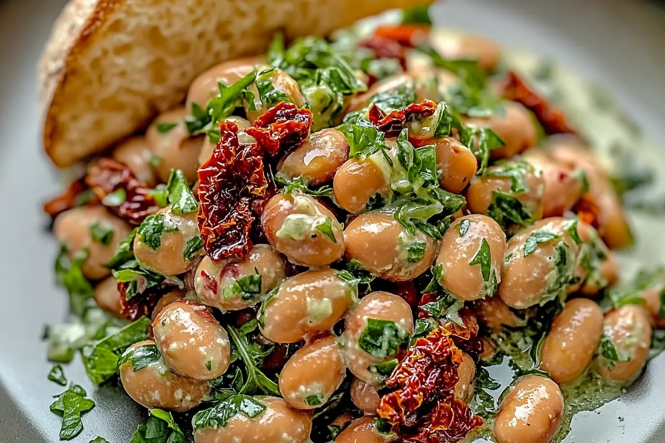 Bowl of marinated sun-dried tomato bean salad garnished with fresh herbs