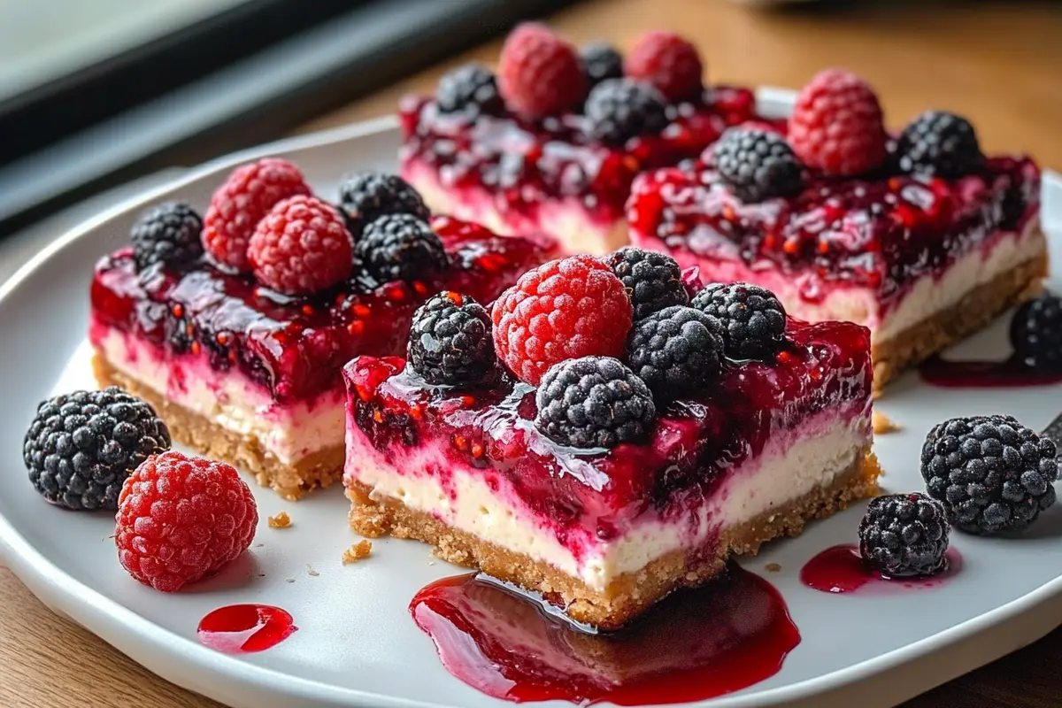 No-bake berry cheesecake bars with mixed-berry swirl topping