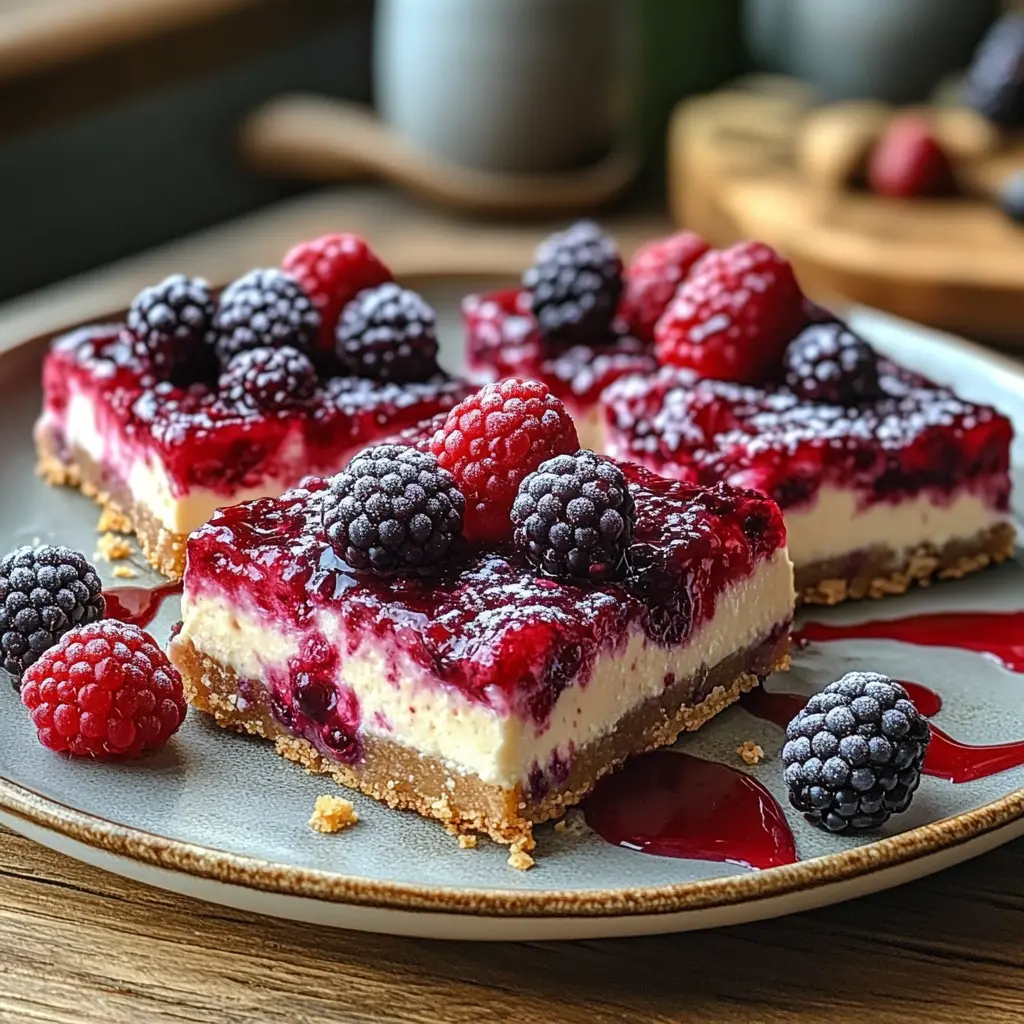 No-bake berry cheesecake bars with mixed-berry swirl topping