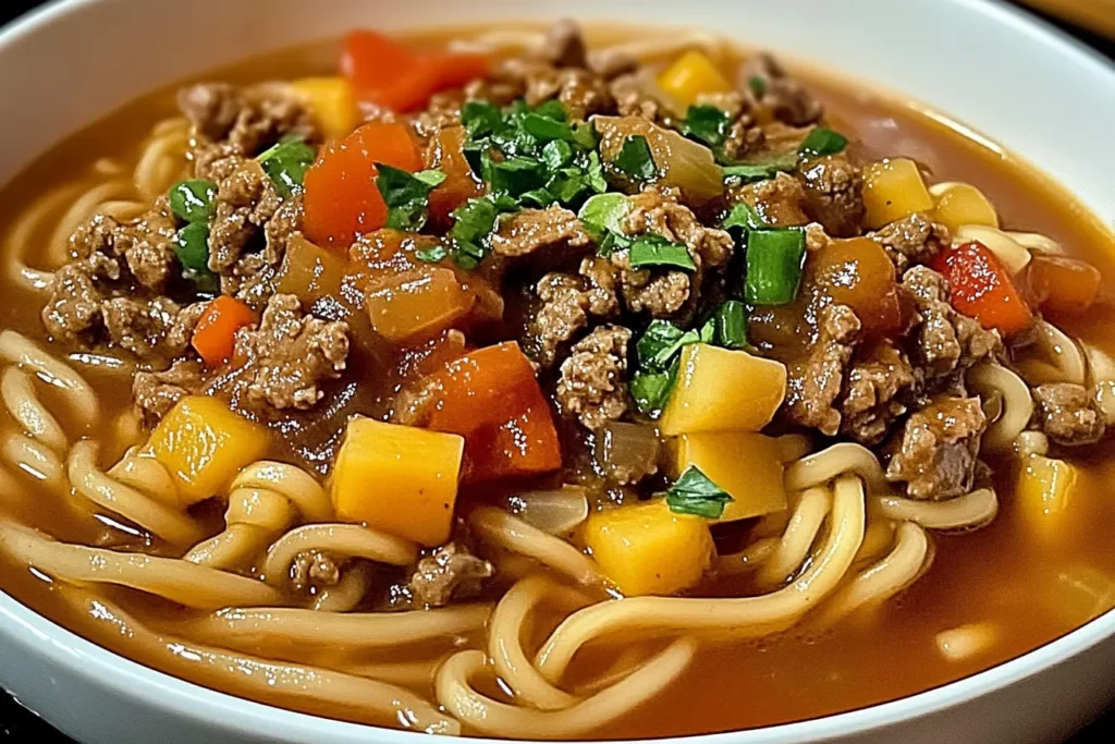 Bowl of meat and noodle soup with fresh herbs
Meat and Noodle Soup