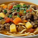 Bowl of meat and noodle soup with fresh herbs