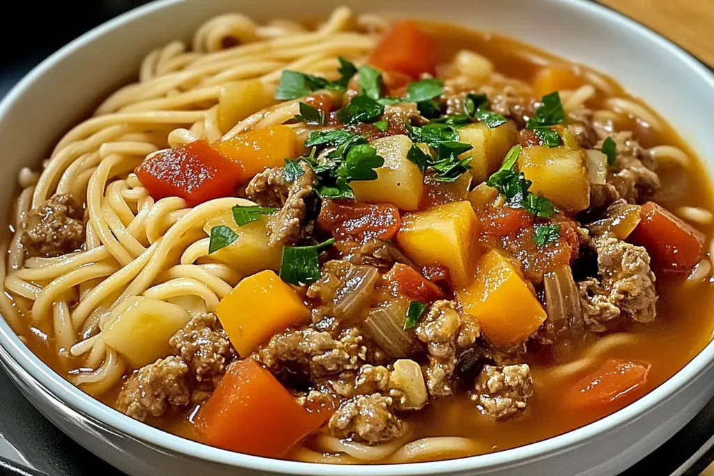 Bowl of meat and noodle soup with fresh herbs
Meat and Noodle Soup