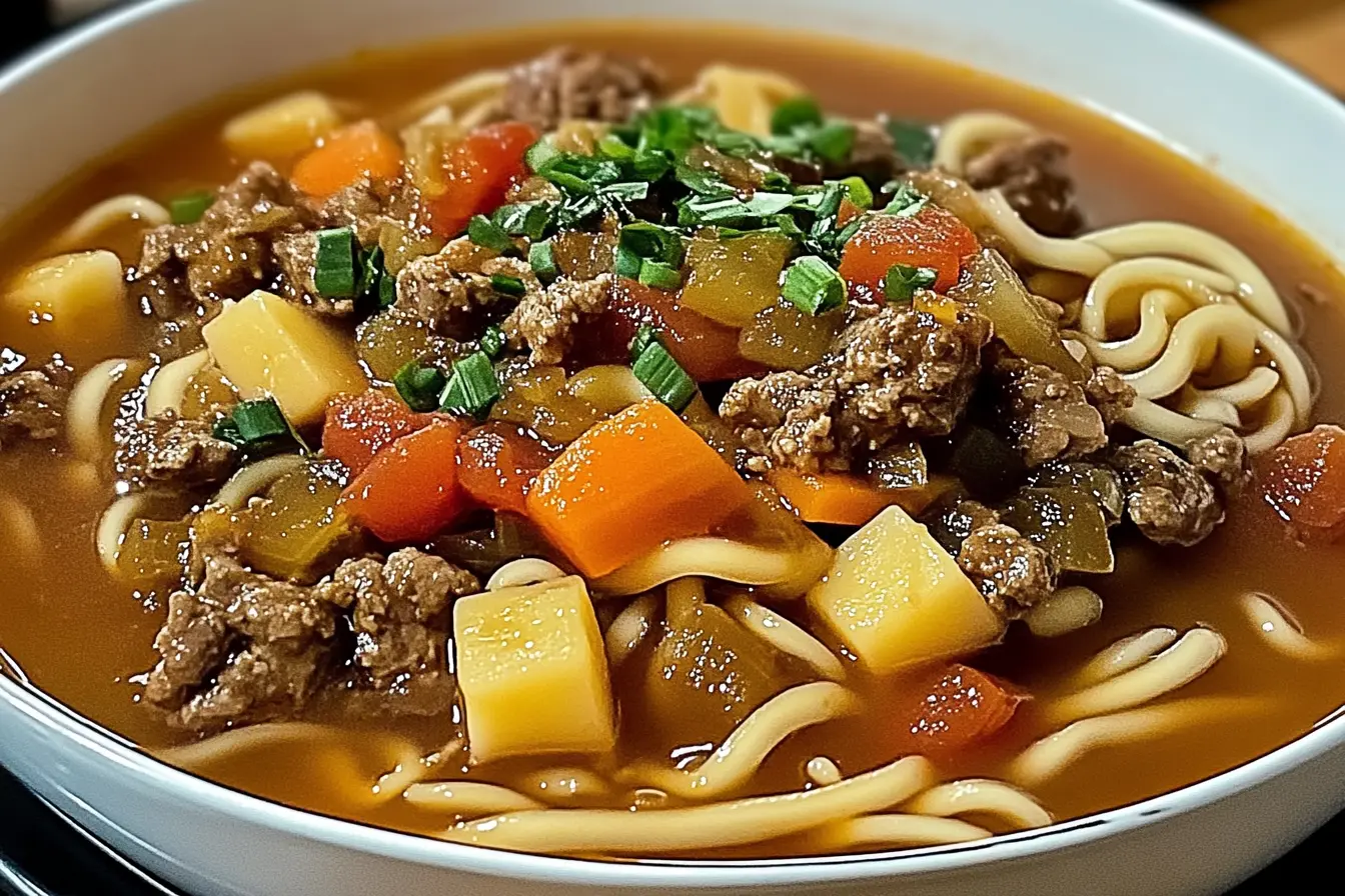 Bowl of meat and noodle soup with fresh herbs