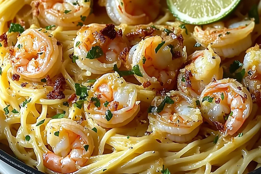 Bowl of one-pot coconut shrimp pasta garnished with cilantro and lime
One-Pot Coconut Shrimp Pasta Recipe