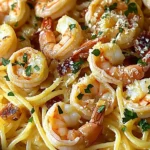 Bowl of one-pot coconut shrimp pasta garnished with cilantro and lime. One-Pot Coconut Shrimp Pasta Recipe