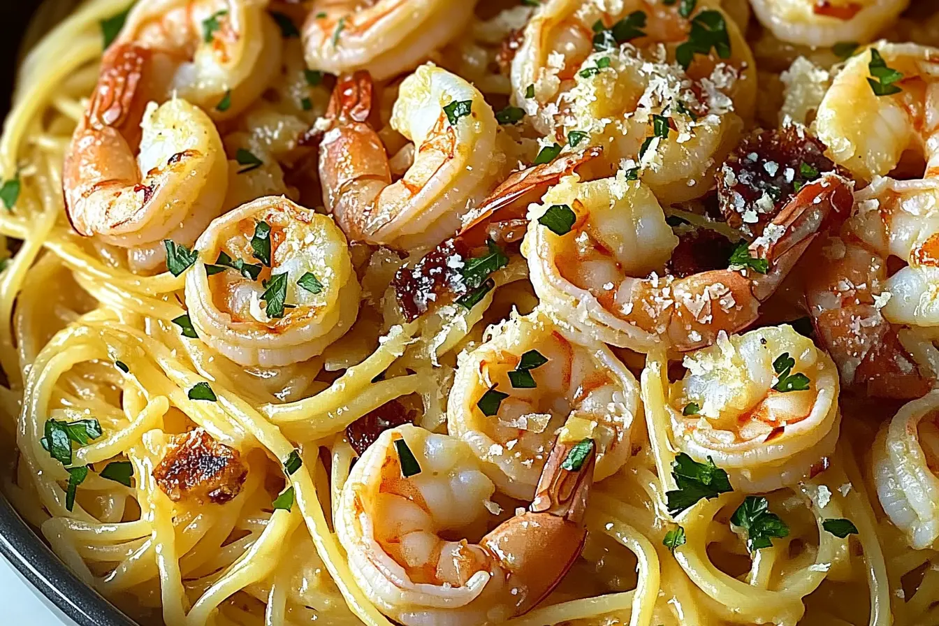 Bowl of one-pot coconut shrimp pasta garnished with cilantro and lime. One-Pot Coconut Shrimp Pasta Recipe