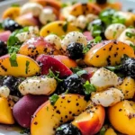 Close-up of peach salad with mixed greens, peaches, toasted nuts, and crumbled cheese