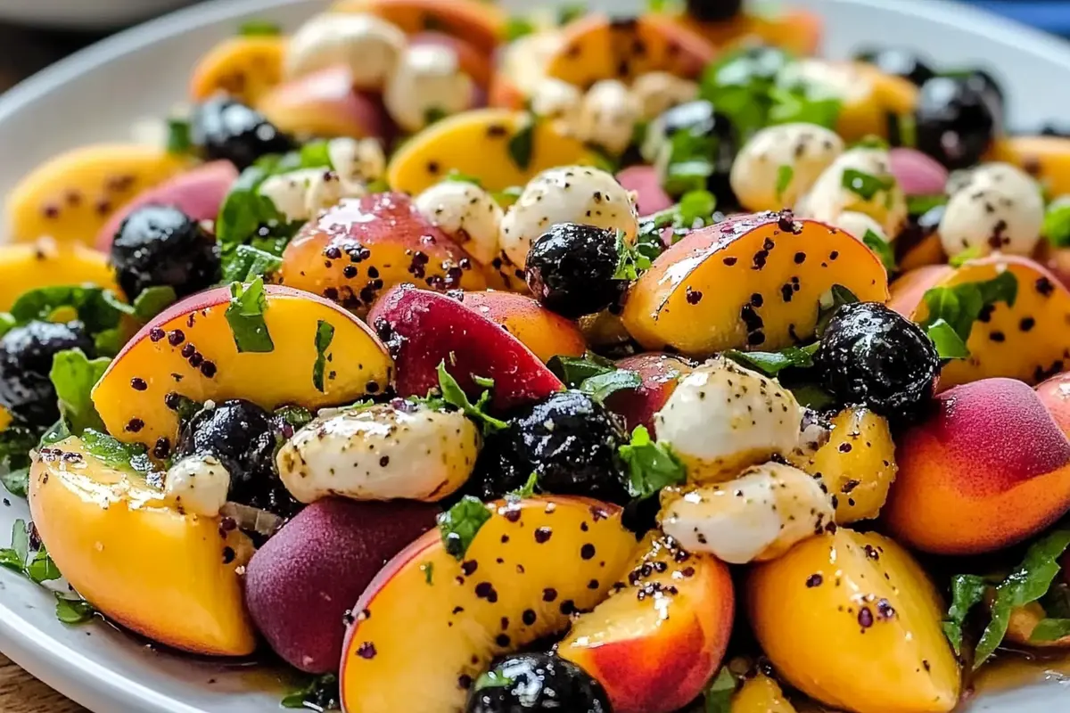 Close-up of peach salad with mixed greens, peaches, toasted nuts, and crumbled cheese