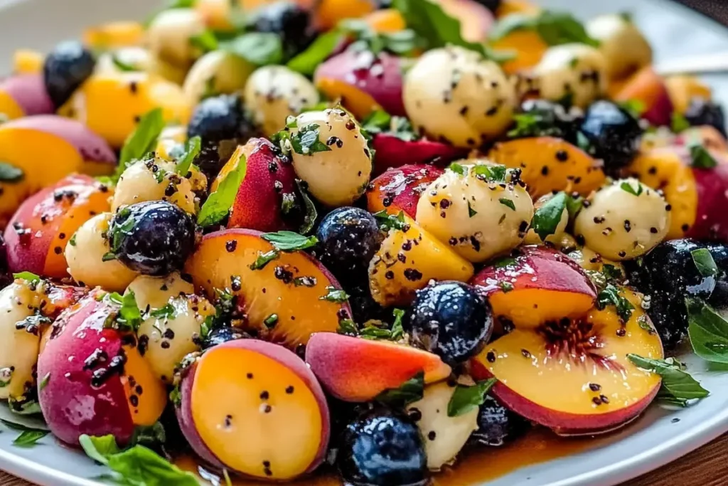 Close-up of peach salad with mixed greens, peaches, toasted nuts, and crumbled cheese
Peach Salad Recipe