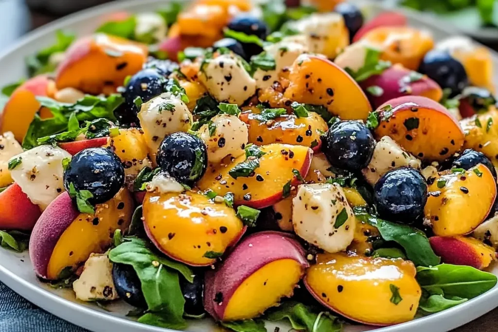 Close-up of peach salad with mixed greens, peaches, toasted nuts, and crumbled cheese
Peach Salad Recipe