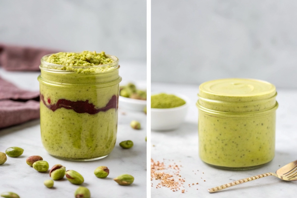 Jar of vibrant green pistachio cream