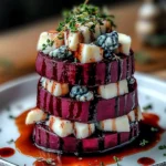Roasted beet & blue cheese towers garnished with microgreens