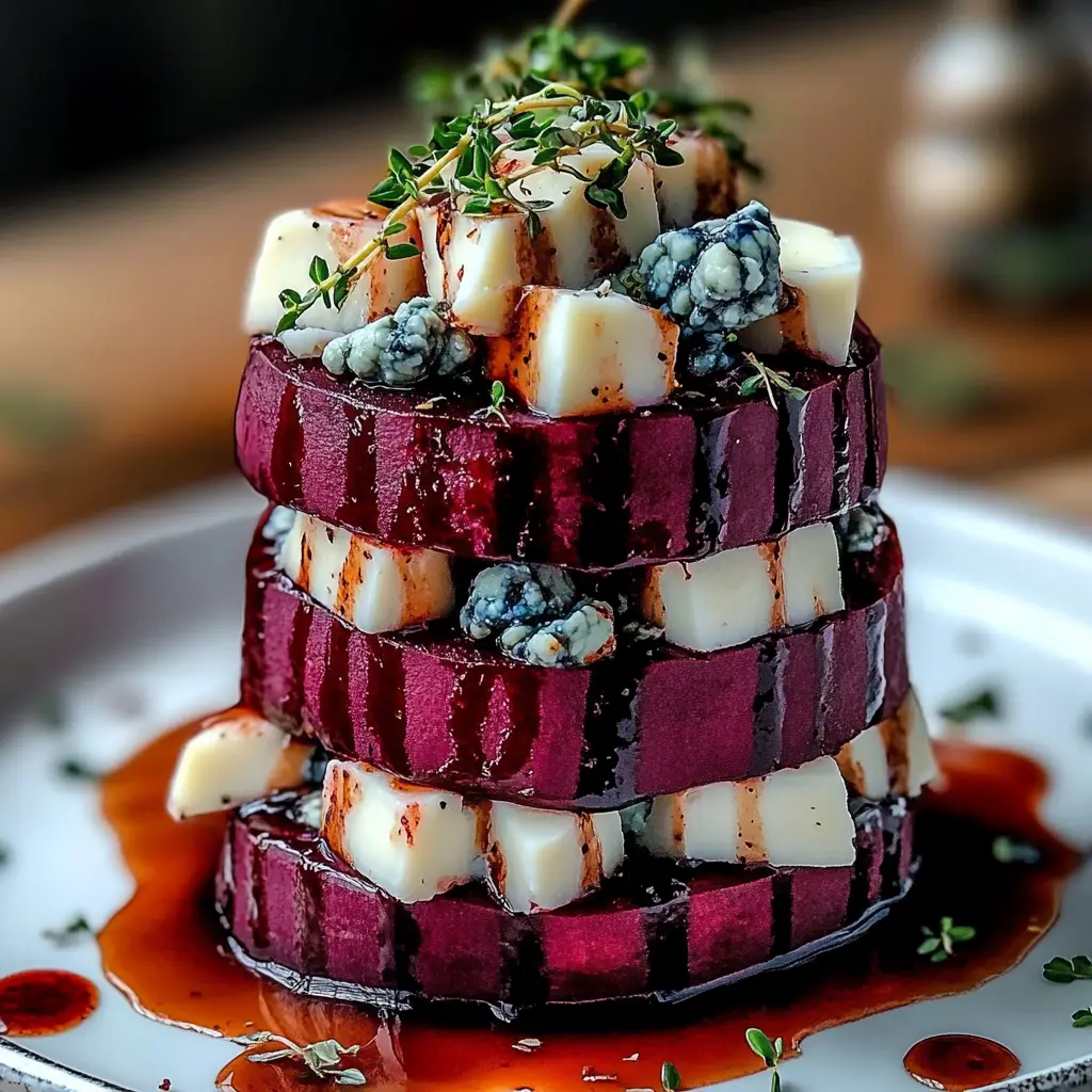 Roasted beet & blue cheese towers garnished with microgreens