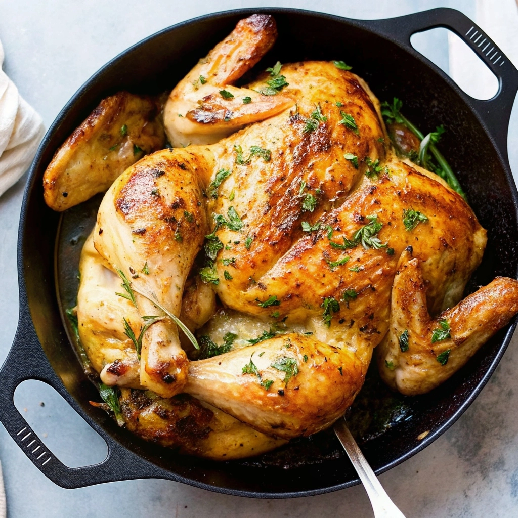 Roasted lemon garlic butter spatchcock chicken on a platter garnished with lemon slices and fresh herbs