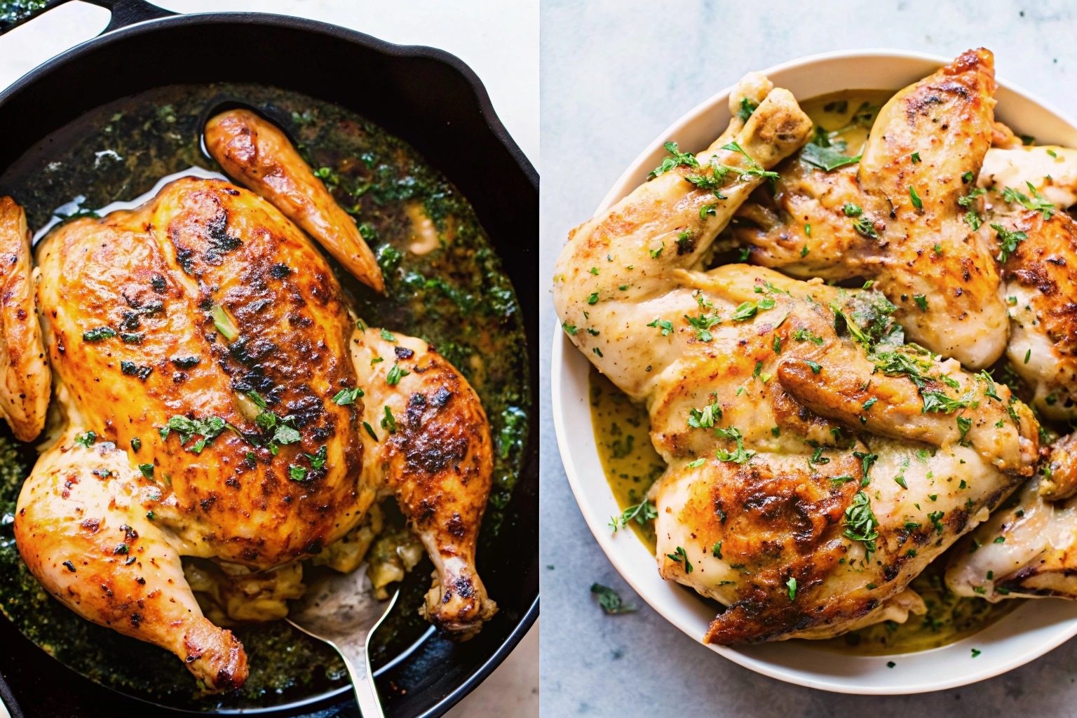 Roasted lemon garlic butter spatchcock chicken on a platter garnished with lemon slices and fresh herbs