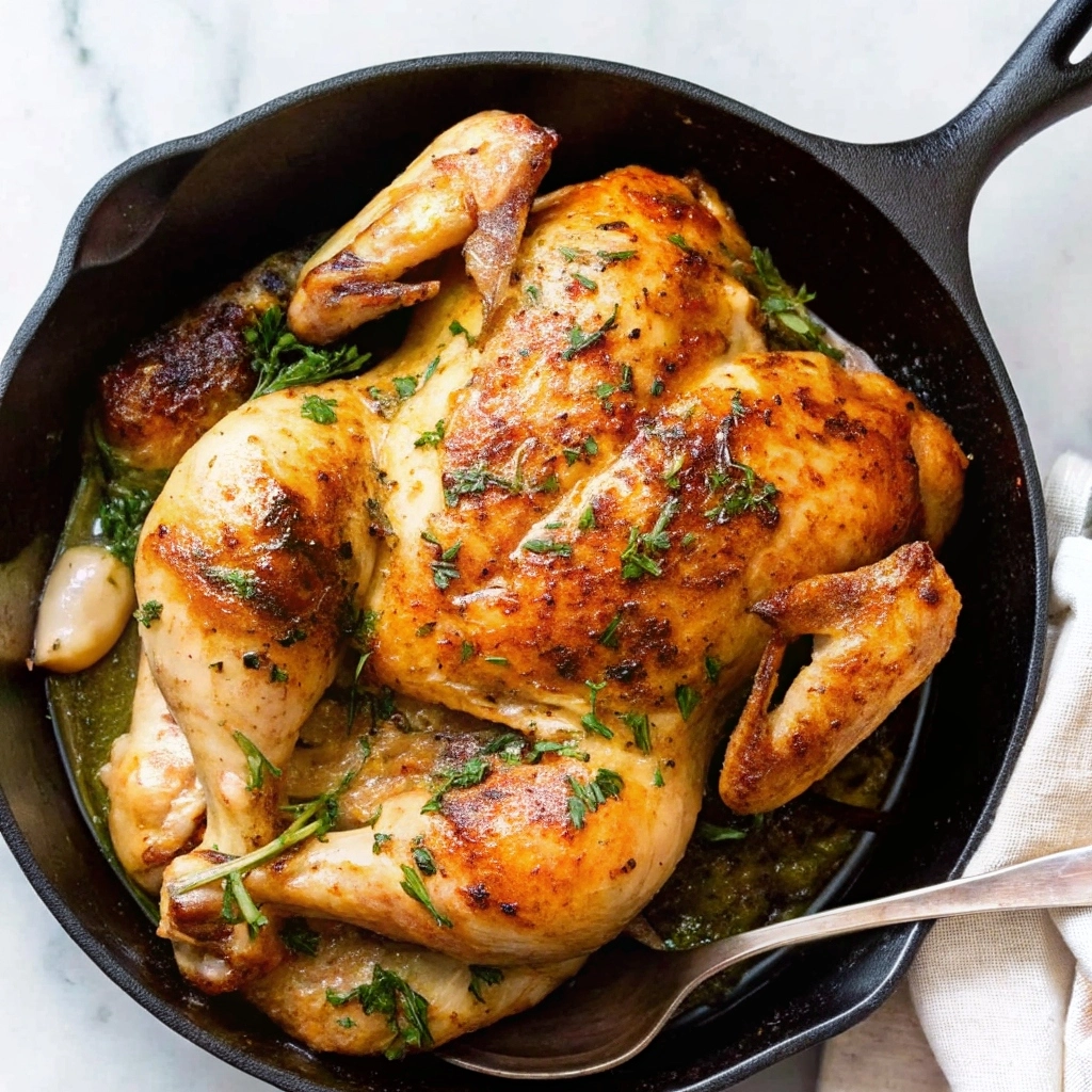 Roasted lemon garlic butter spatchcock chicken on a platter garnished with lemon slices and fresh herbs