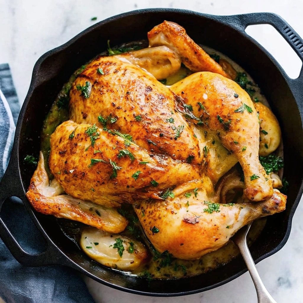 Roasted lemon garlic butter spatchcock chicken on a platter garnished with lemon slices and fresh herbs