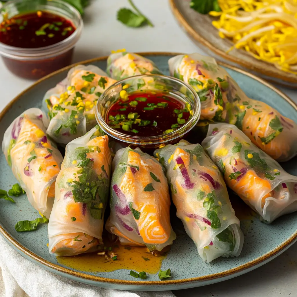 Salmon Spring Rolls with fresh herbs and dipping sauce