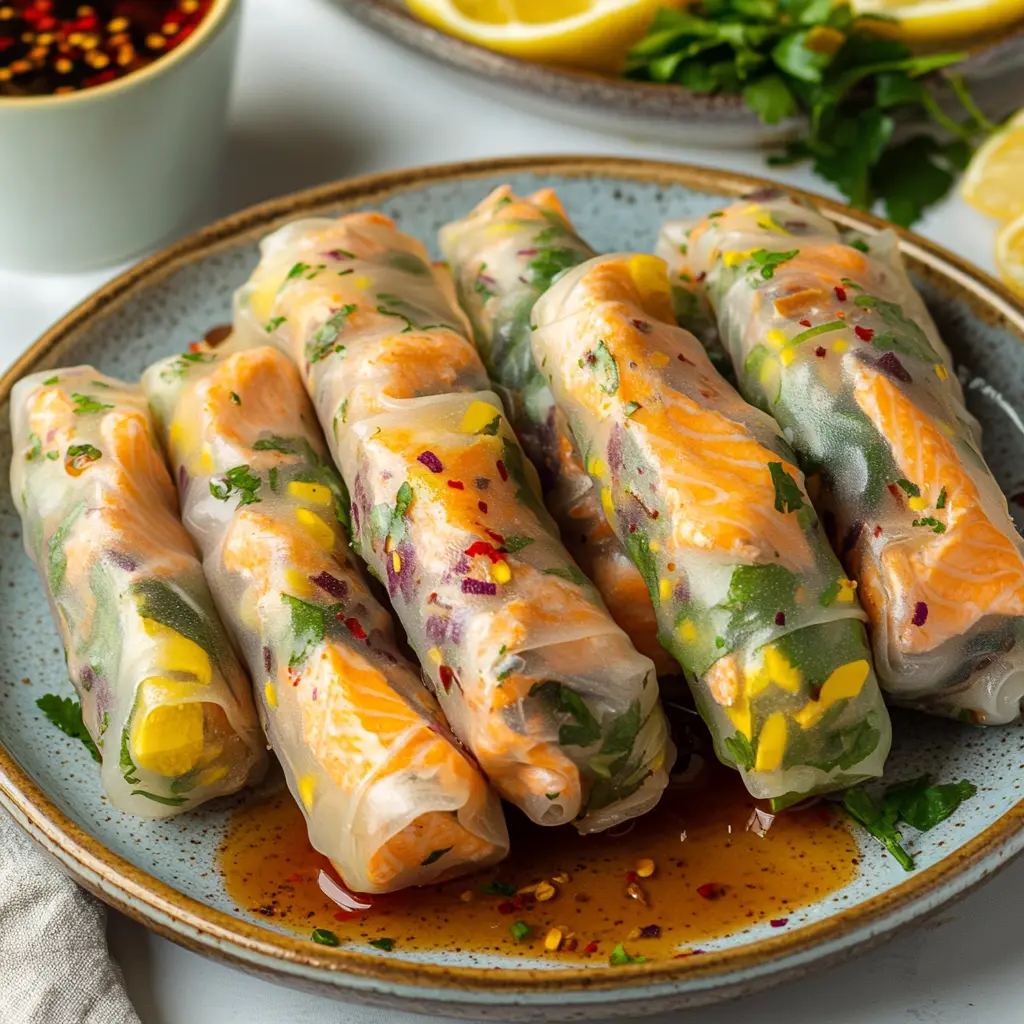 Salmon Spring Rolls with fresh herbs and dipping sauce