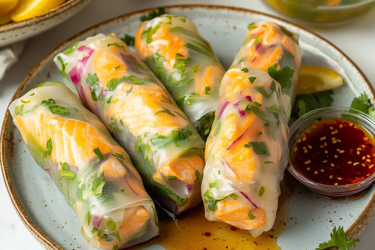 Salmon Spring Rolls with fresh herbs and dipping sauce