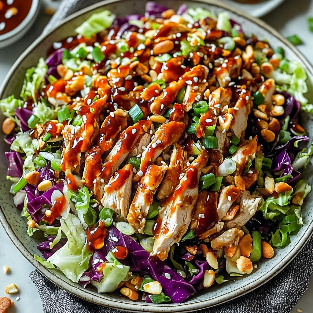Bowl of sesame chicken cabbage crunch salad topped with toasted almonds and sesame seeds