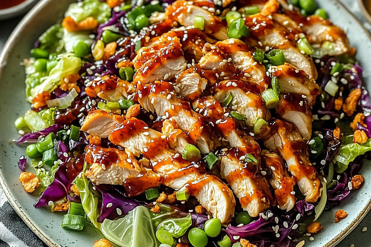 Bowl of sesame chicken cabbage crunch salad topped with toasted almonds and sesame seeds
