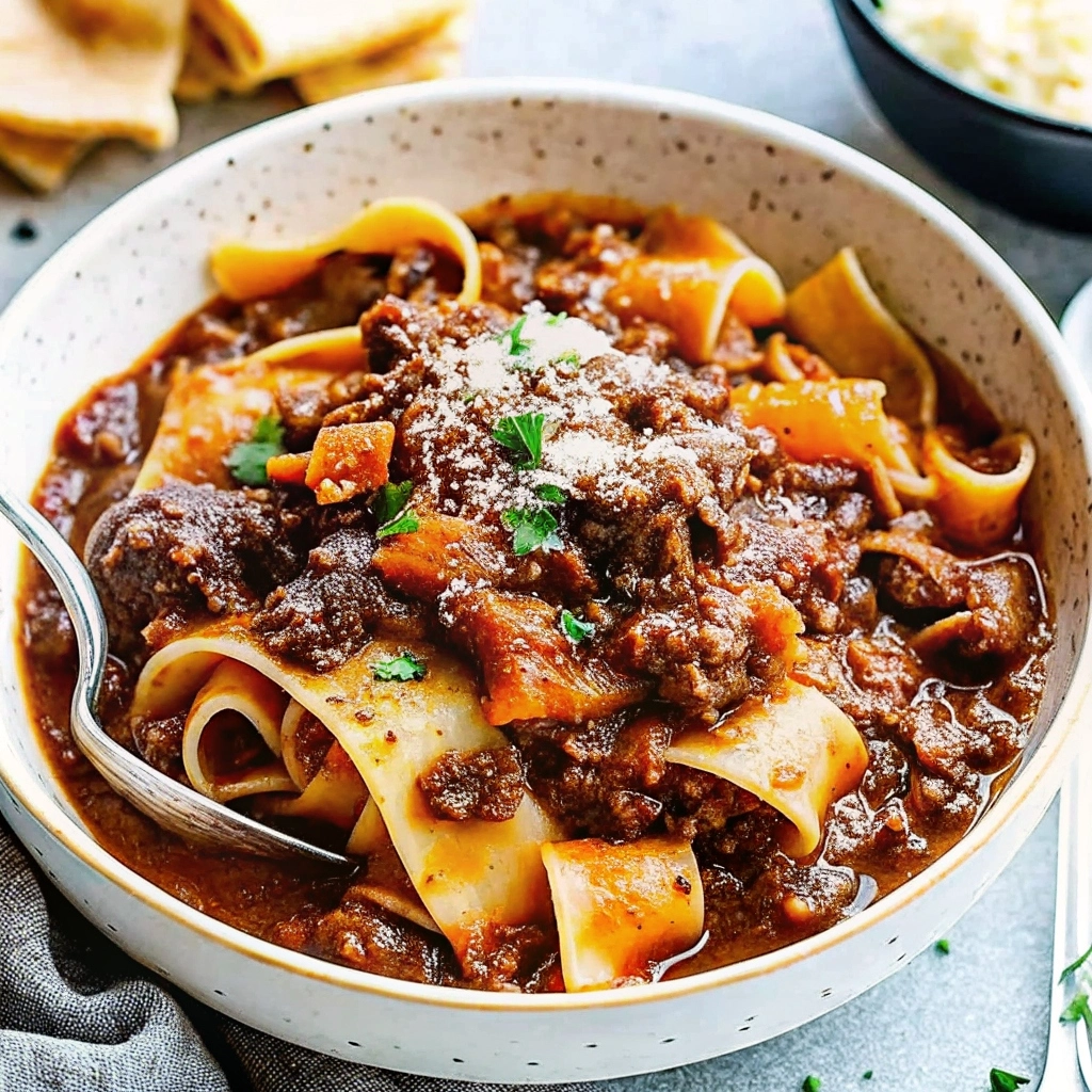 Plate of pappardelle topped with rich short rib ragu and fresh parsley