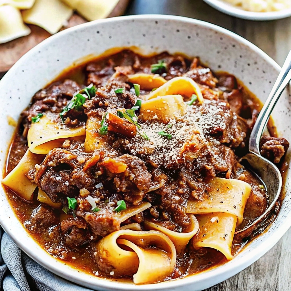 Plate of pappardelle topped with rich short rib ragu and fresh parsley