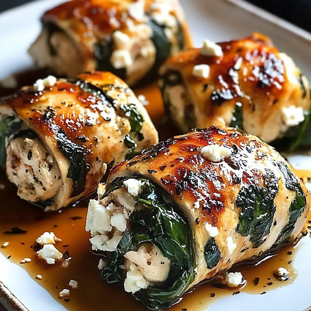 Spinach and feta chicken rolls sliced on a white plate