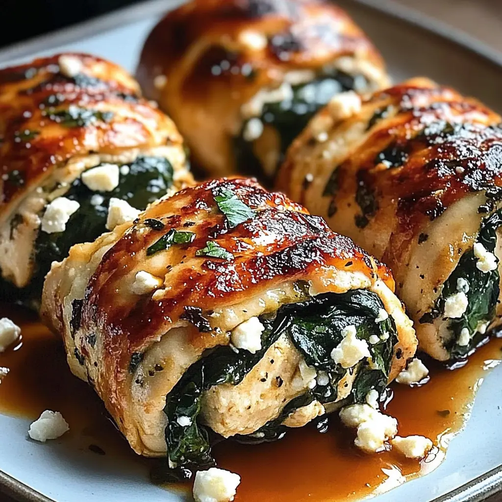 Spinach and feta chicken rolls sliced on a white plate