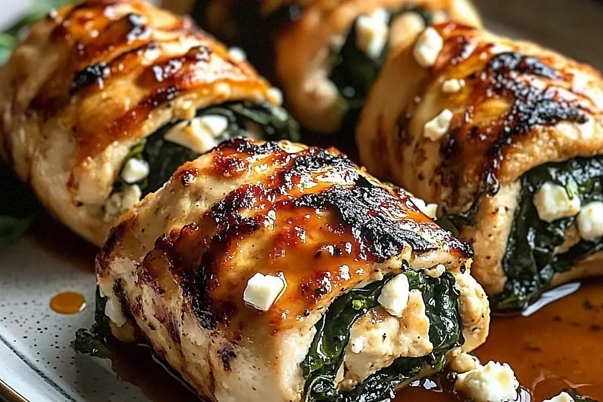 Spinach and feta chicken rolls sliced on a white plate