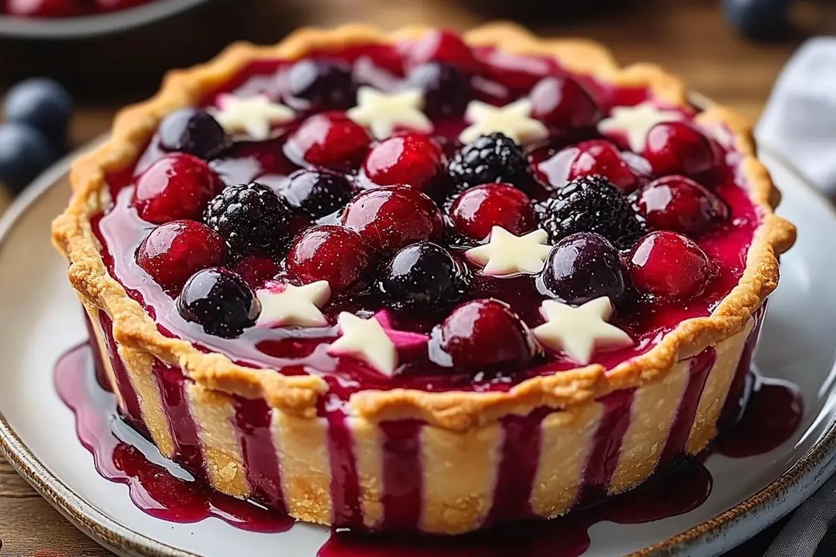 Star-Spangled Berry Tart with arranged strawberries, blueberries, and raspberries.