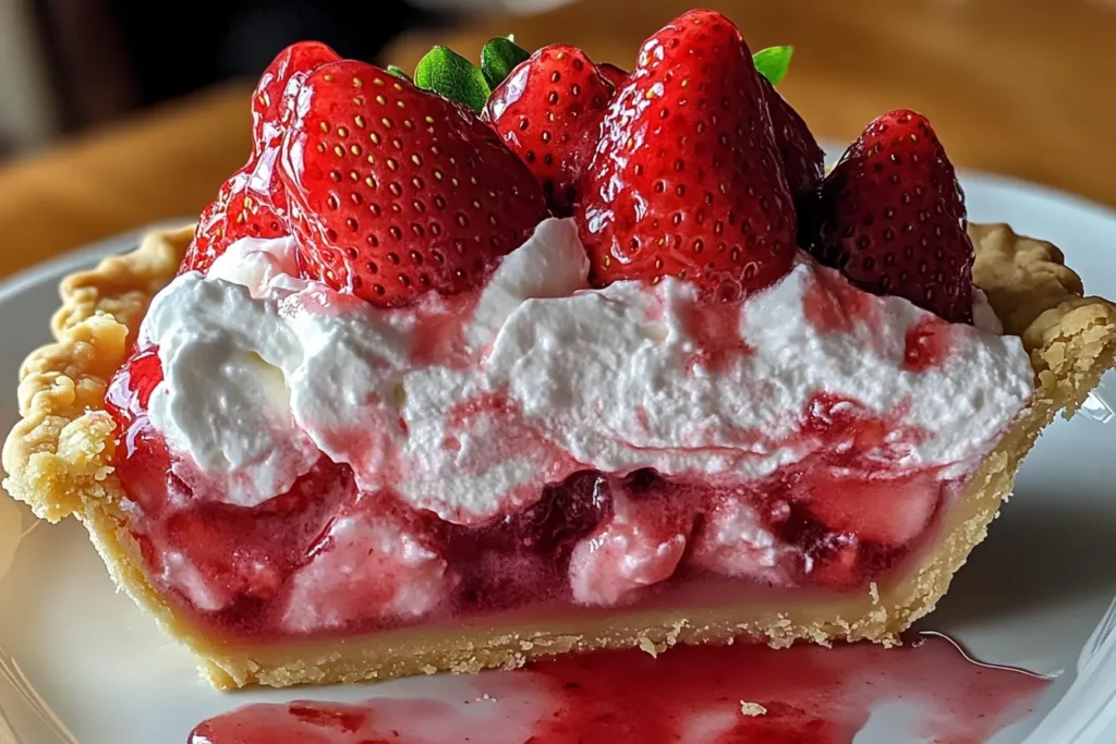 Slice of Strawberry Cool Whip Pie on a white plate