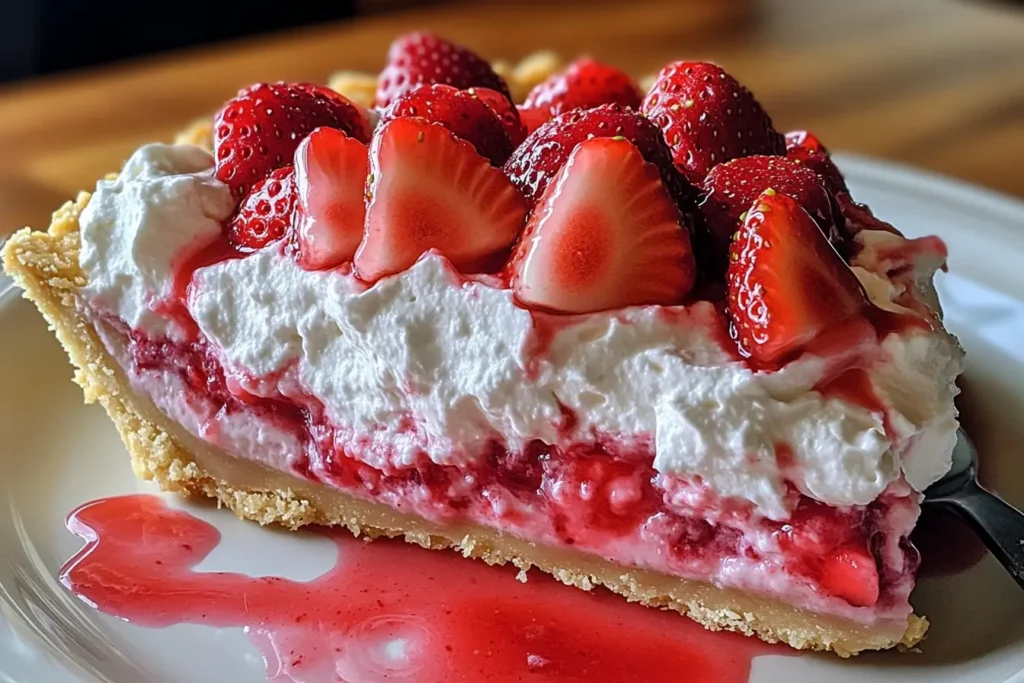 Slice of Strawberry Cool Whip Pie on a white plate
Strawberry Cool Whip Pie