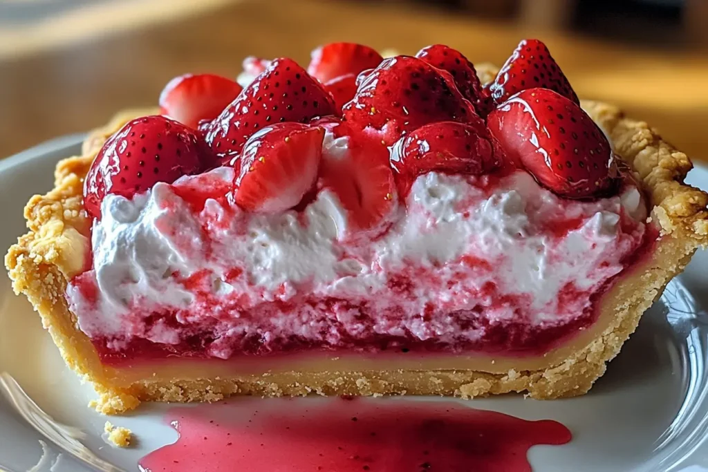 Slice of Strawberry Cool Whip Pie on a white plate
