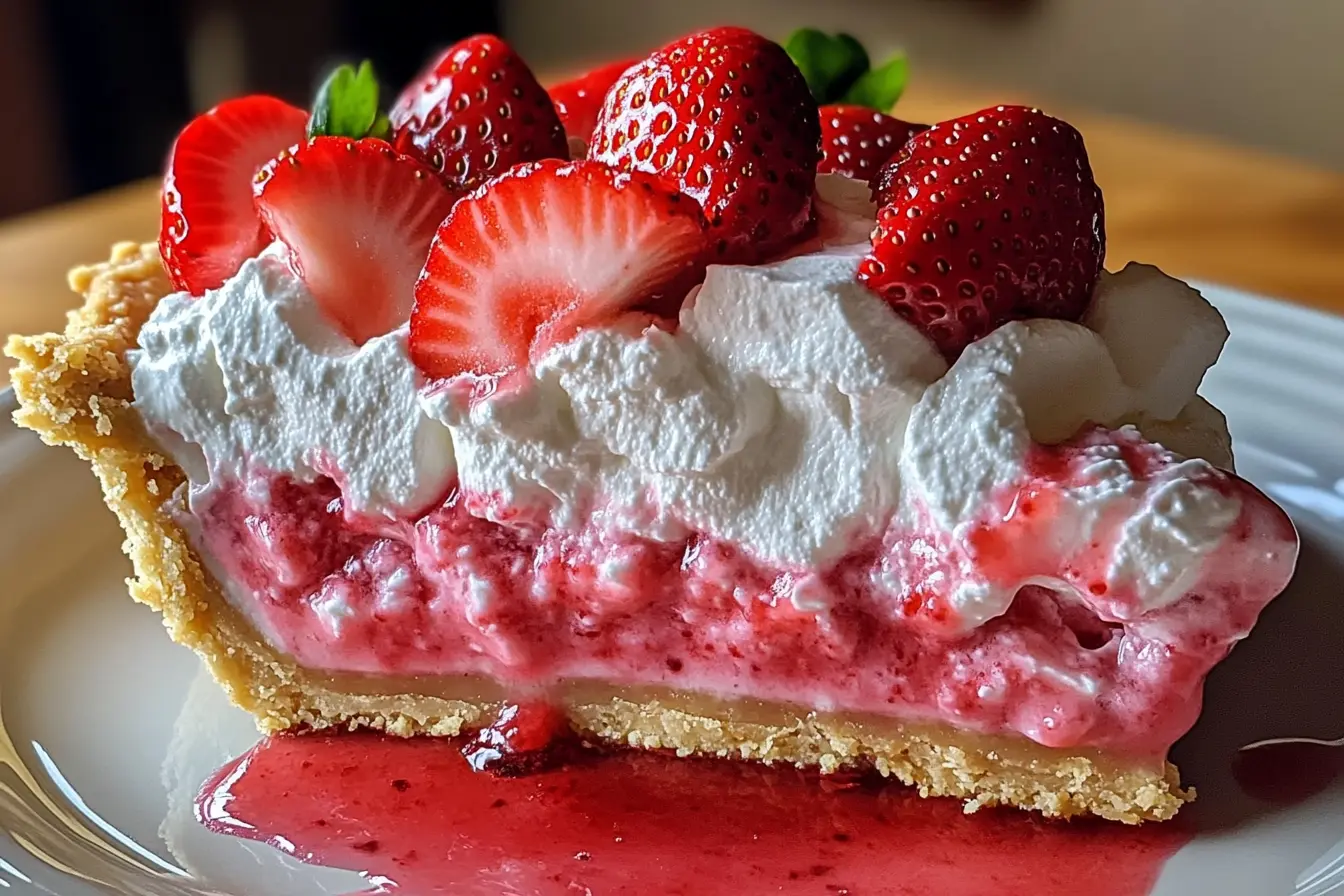 Slice of Strawberry Cool Whip Pie on a white plate