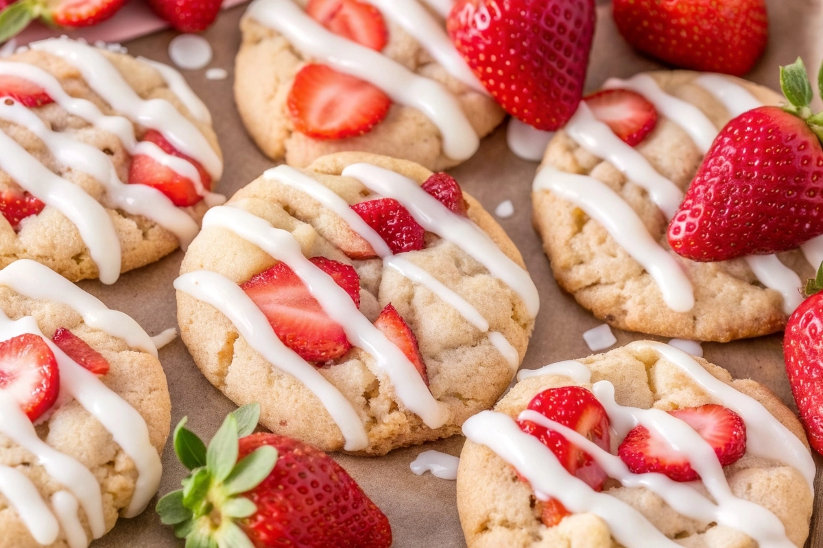 Two Strawberry Shortcake Cookies stacked on a white plate Strawberry Shortcake Cookies