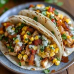 Street Corn Chicken Tacos with charred corn and cilantro-lime drizzle