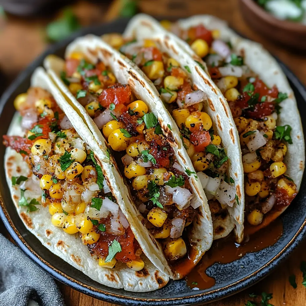 Street Corn Chicken Tacos with charred corn and cilantro-lime drizzle
