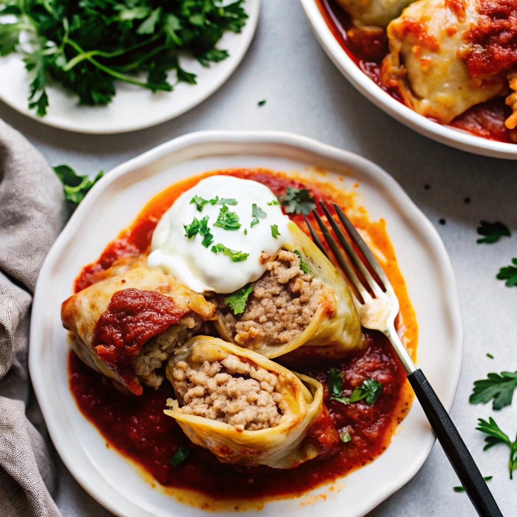 Stuffed cabbage rolls topped with rich tomato sauce