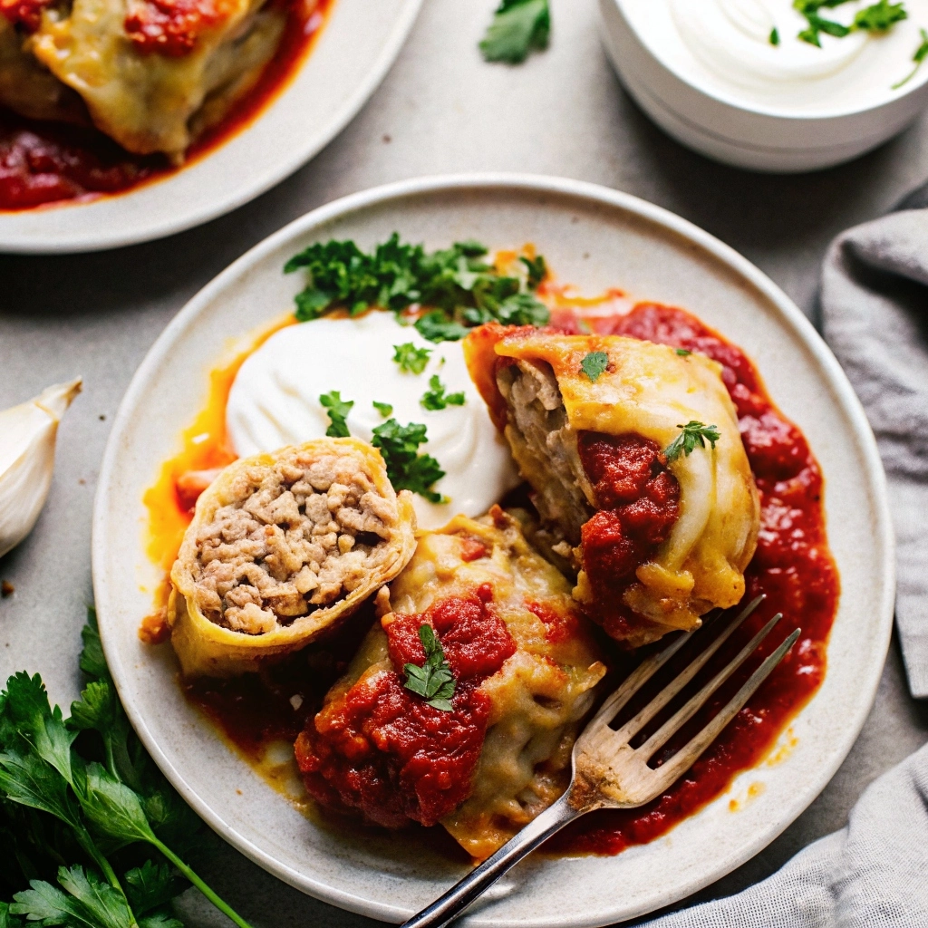 Stuffed cabbage rolls topped with rich tomato sauce