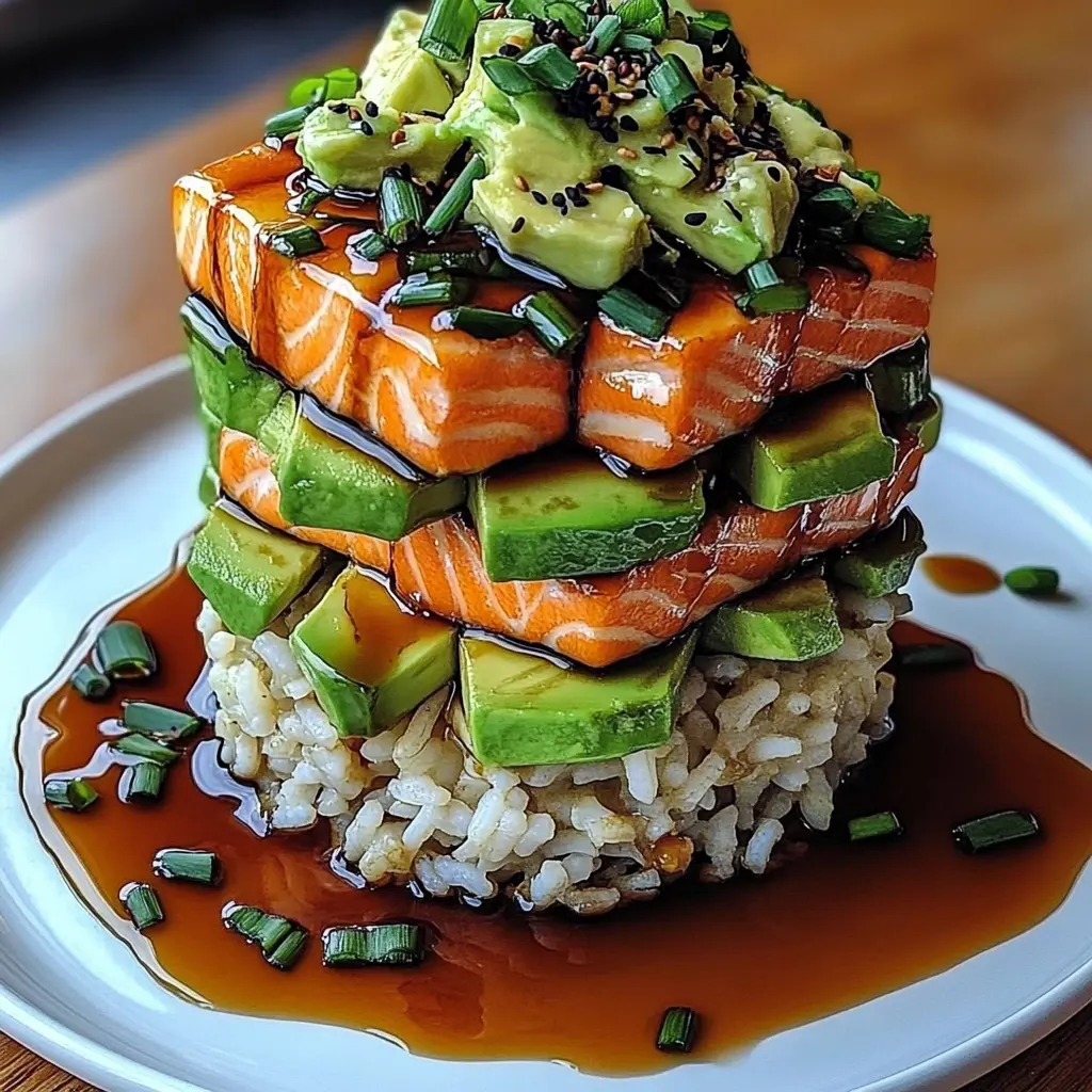 Teriyaki Salmon Avocado Rice Stack with sesame seeds and scallions