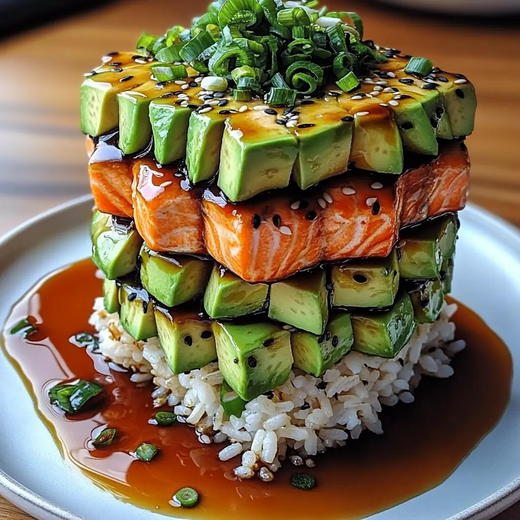 Teriyaki Salmon Avocado Rice Stack with sesame seeds and scallions