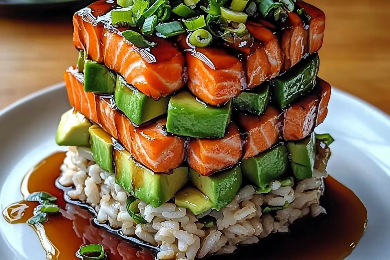 Teriyaki Salmon Avocado Rice Stack with sesame seeds and scallions