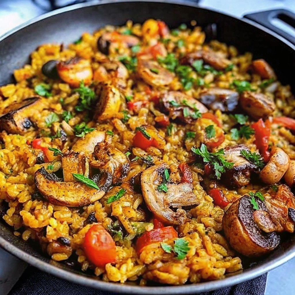 Vegan Paella With Mixed Mushrooms in a paella pan